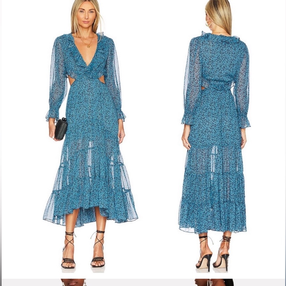 Misa small Amelia cerulean ruffle cutout maxi nwt